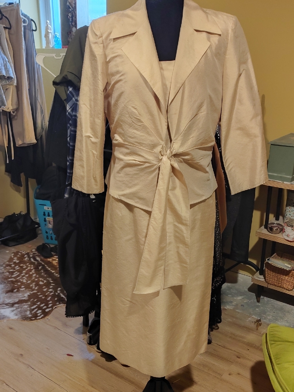 Vintage Shoulder Pads Silk Talbots Champagne Silk Dress and Jacket Set